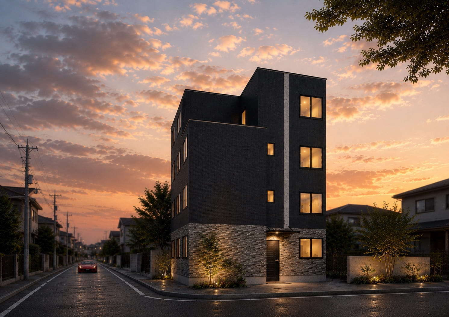 夕景に建つGOOD NEW Estateの開発物件